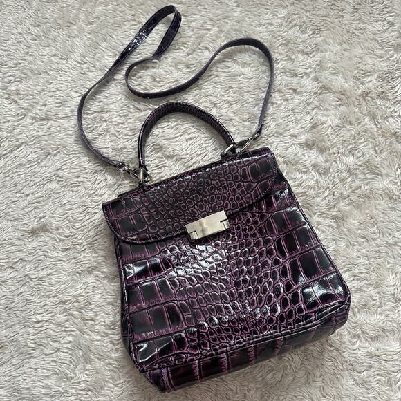 Purple Genuine Leather Crocodile Embossed Patent Purse Crossbody Bag Eggplant - Picture 1 of 11